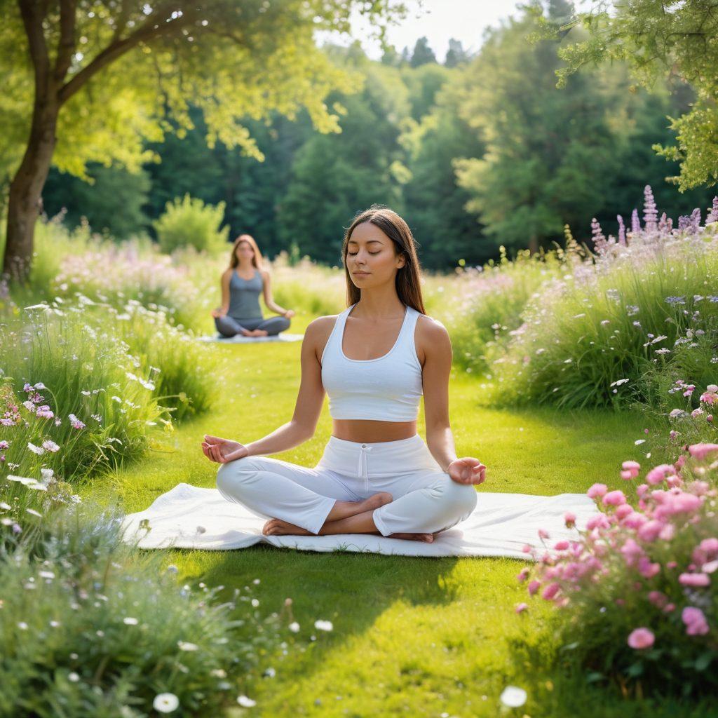 A serene and nurturing scene featuring a diverse group of individuals engaging in self-care activities: meditation, yoga, and skincare rituals, surrounded by nature with lush greenery and blooming flowers. Incorporate elements of holistic wellness, such as crystals and essential oils, radiating warmth and positivity. The atmosphere is inviting and empowering, symbolizing self-love and acceptance. watercolor style. vibrant colors. soft focus.