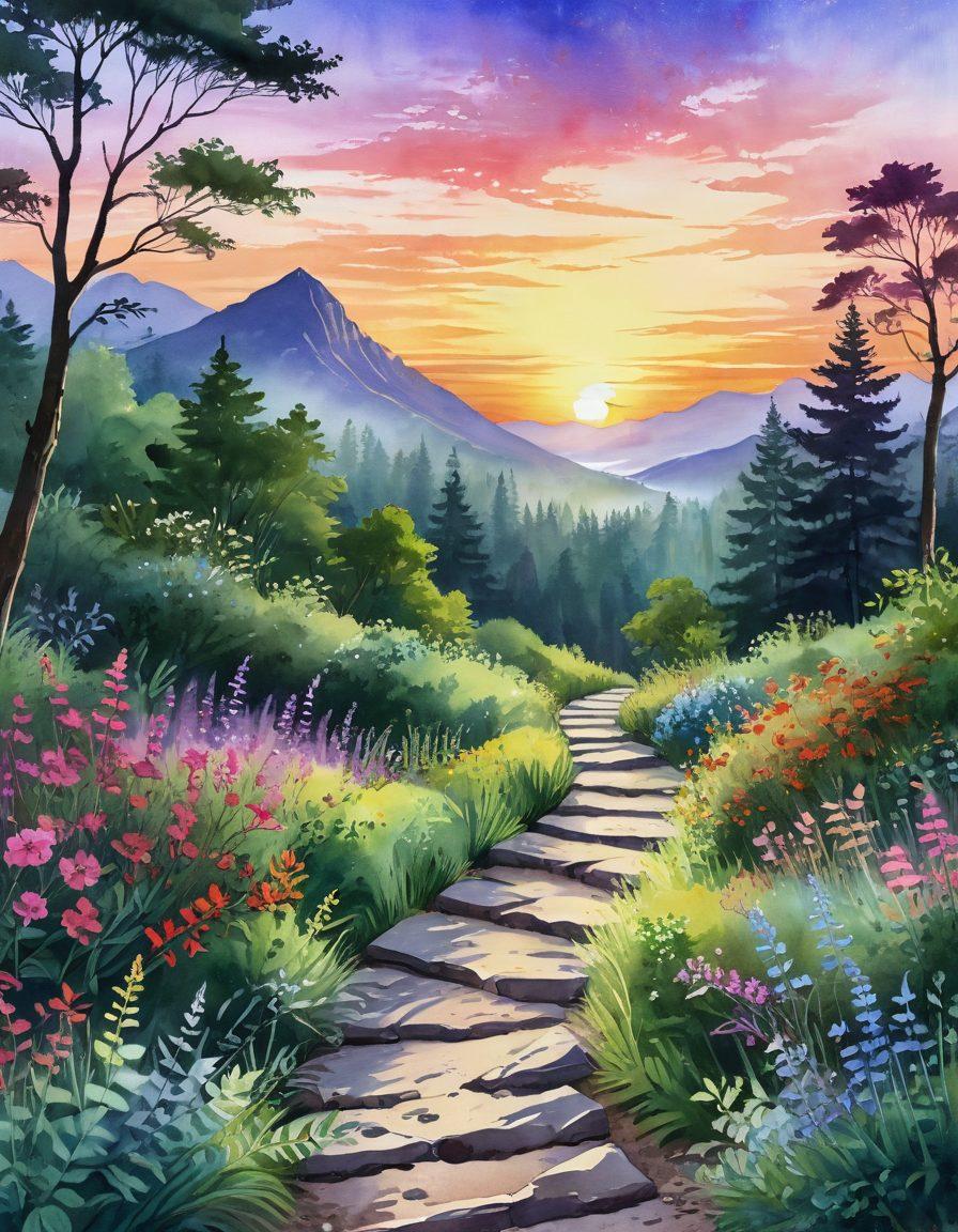 A serene landscape depicting a winding path leading through lush greenery towards a glowing sunrise, symbolizing the journey of self-acceptance to confidence. Along the path, vibrant flowers bloom, representing inner beauty at every stage. A silhouette of a person stands with arms raised at the summit, embracing their journey. Soft, ethereal light permeates the scene, creating a sense of tranquility and warmth. watercolor painting. vibrant colors.