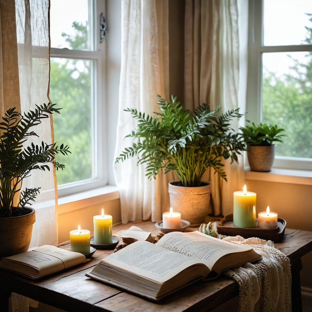 A serene and inviting self-care space, featuring a cozy nook with soft pillows, candles, and a vibrant plant. A journal and a cup of herbal tea sit on a wooden table, suggesting mindfulness. Background infused with pastel colors, depicting a calm ambiance that promotes relaxation and aesthetics. Inviting light filtering through sheer curtains. artistic photography. soft focus. warm tones.